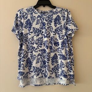 Alfani Petite PM Blue White Tropical Leaf Print High Low Knit Top Short Sleeve